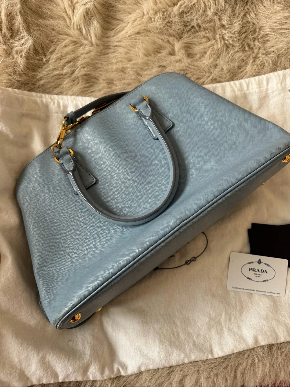 Prada Light Blue Saffiano Leather Satchel with Gold Hardware